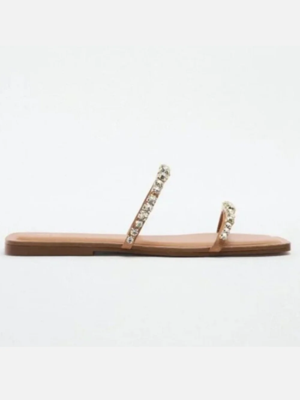NEW Zara Tan Flat Slide Sandals With Rhinestones - Picture 3 of 8